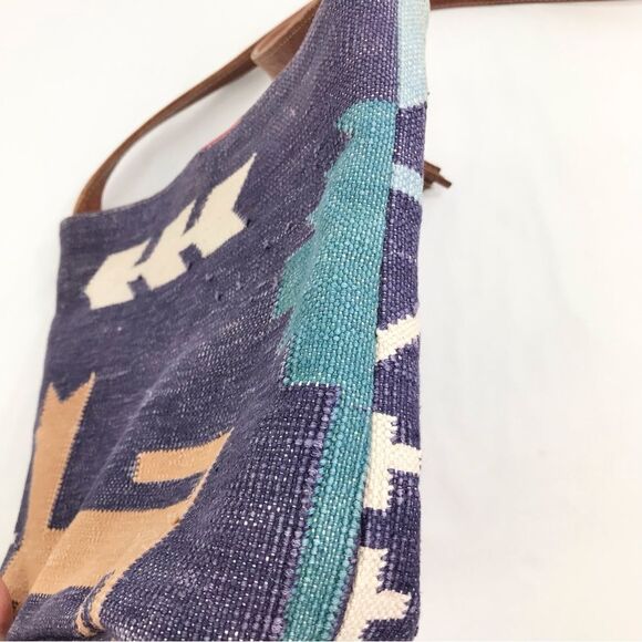 Kilim Purple Blue Tribal Ethnic Rug Design India Leather Strap Shoulder Bag - Picture 11 of 16
